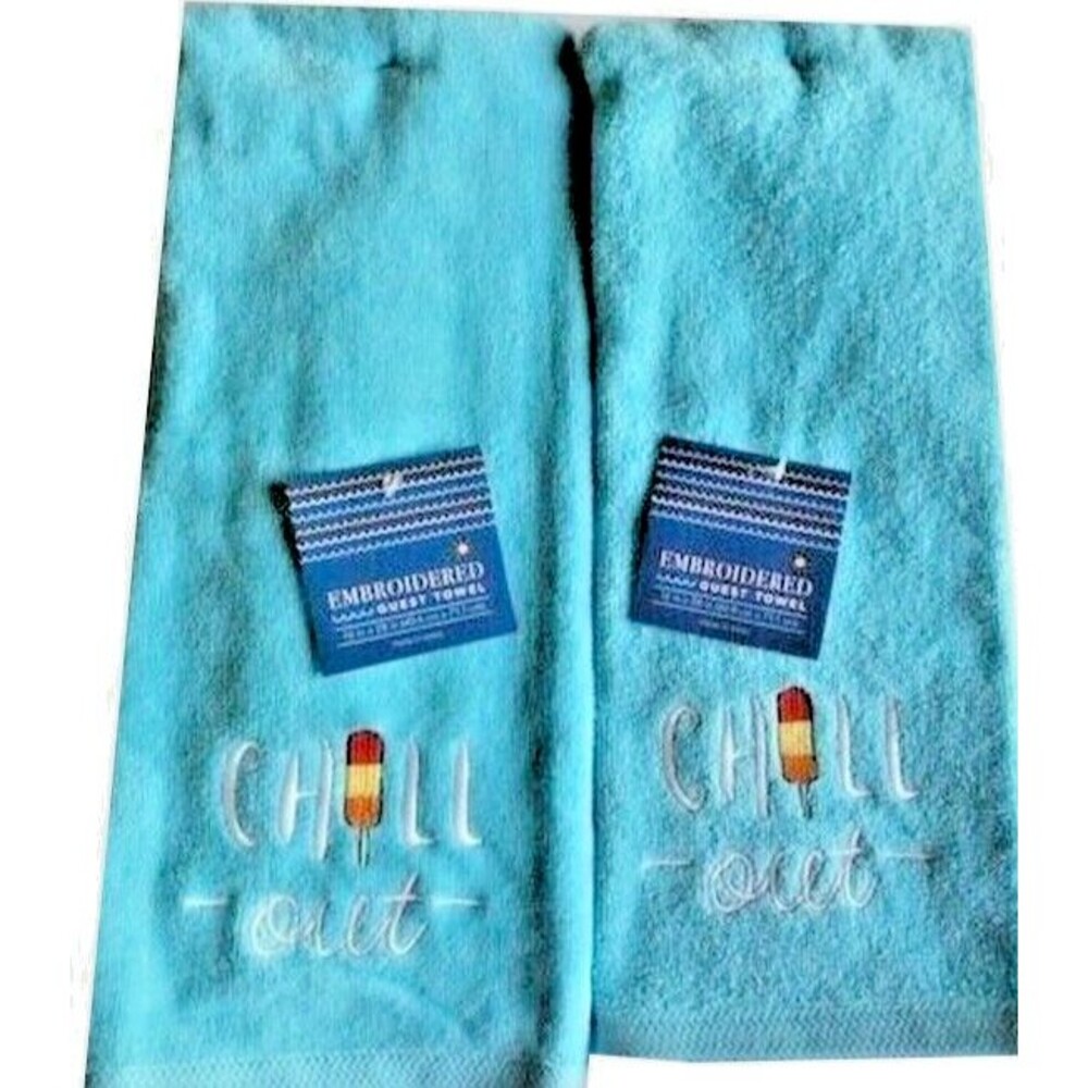 Chill Out Hand Towels Embroidered Summer Beach House Guest Blue Set of 2